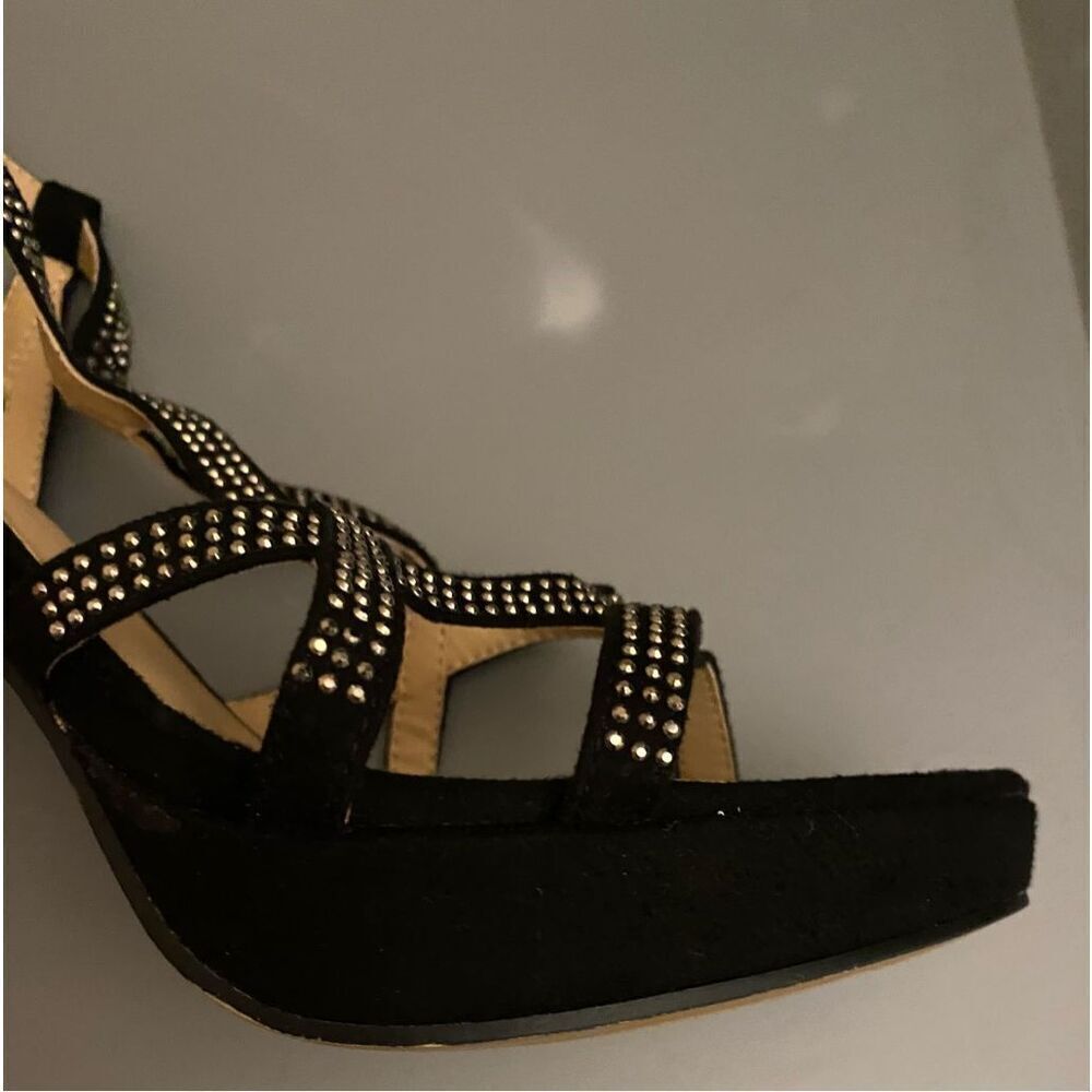 Metaphor Black Strappy Shoes 38671 Paris Studded Bling NWOB Heels Faux Suede - Picture 7 of 8